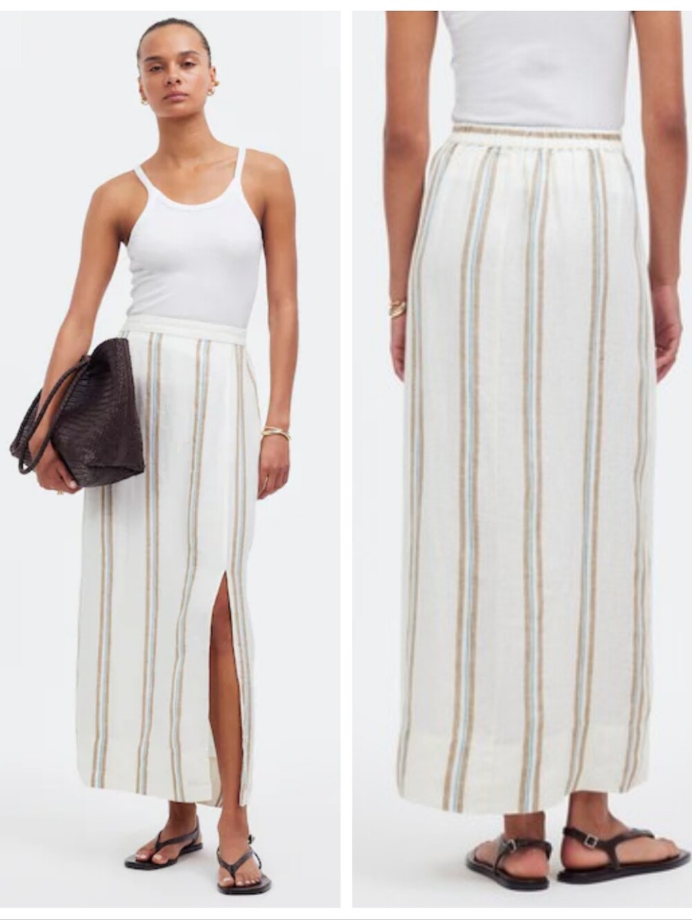 Madewell Column Maxi Skirt in Striped 100% Linen Women's Small Neutral Coastal